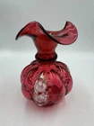 Fenton Vase Cranberry 6545 N7 W/ hand painted white roses signed by C. Smith NEW