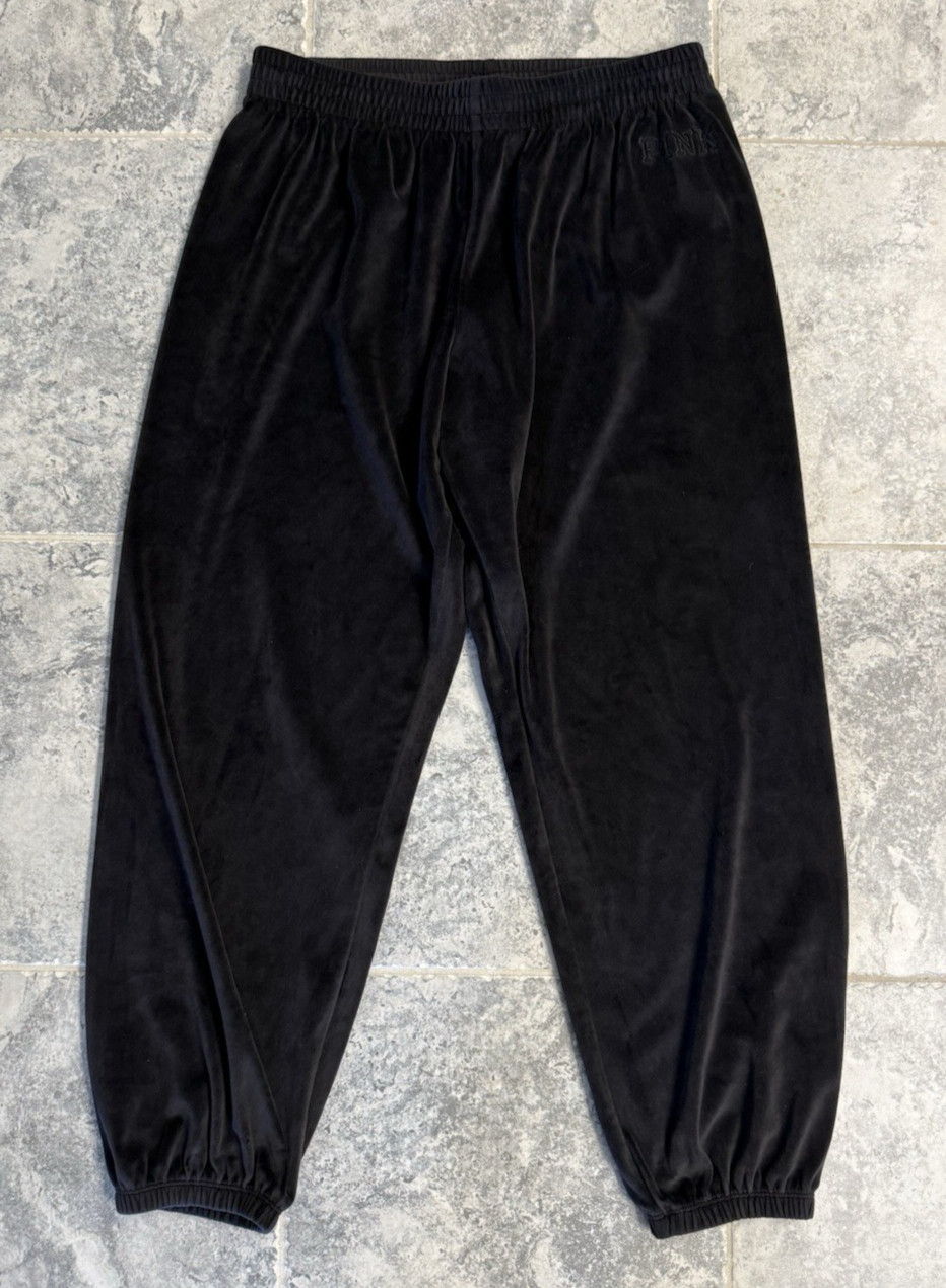 Victoria’s Secret VS PINK Black Velour Leisure Jogger Pants Women's Size Large
