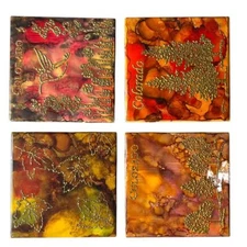 Handcrafted Alcohol Ink Art Ceramic Tile Coasters Gold Leaf Fall 4 1/4 Set of 4