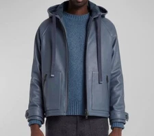 $2500 Teddy Vonranson Men's Blue Leather Baja Full-Zip Hooded Jacket Size M