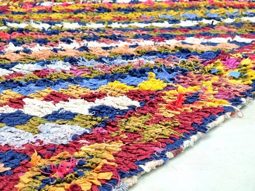 Moroccan Handmade Vintage Boucherouite2'8x9'1Berber Checker Red &Blue Cotton Rug - Picture 9 of 12