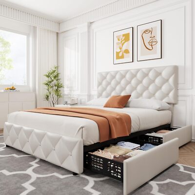 Full Queen Size Bed Frame Platform Upholstered Headboard with 4 Storage Drawers