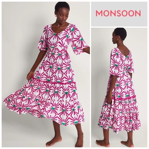 MONSOON Zamora Geometric Sun Dress Size XL 18/20/22 NEW +Tags Plus Pink / White