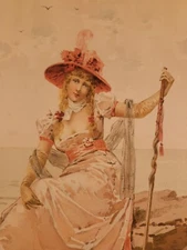 Vintage Beautiful Blonde Victorian Woman At Beach Pink Dress 1891...