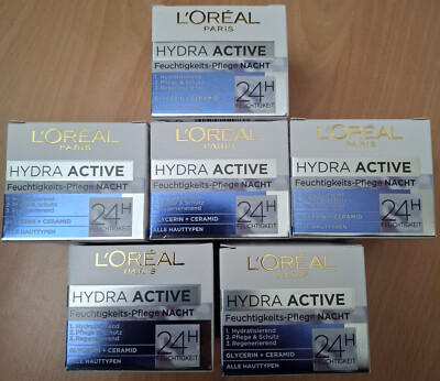 6x 50ml Loreal Hydra Active 24H Feuchtigkeits-Pflege Nachtcreme