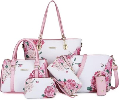 Purses & Handbags for Women Satchel Shoulder Tote Bag Set, Pink & White (1C)