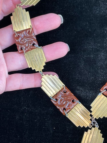 Art Deco antique Molded Czech glass gilt Brass necklace antique jewelry - Picture 4 of 24