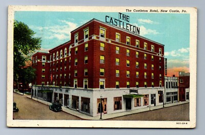 1947 THE CASTLETON HOTEL, FRIGIDAIRE SIGN, NEW CASTLE, Pennsylvania Postcard P0