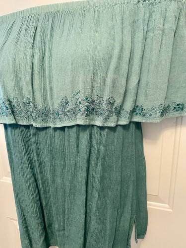 RAYA SUN Women’s Large Blue Green Ombré Embroidered Beaded Peasant Shirt Top - Picture 4 of 5