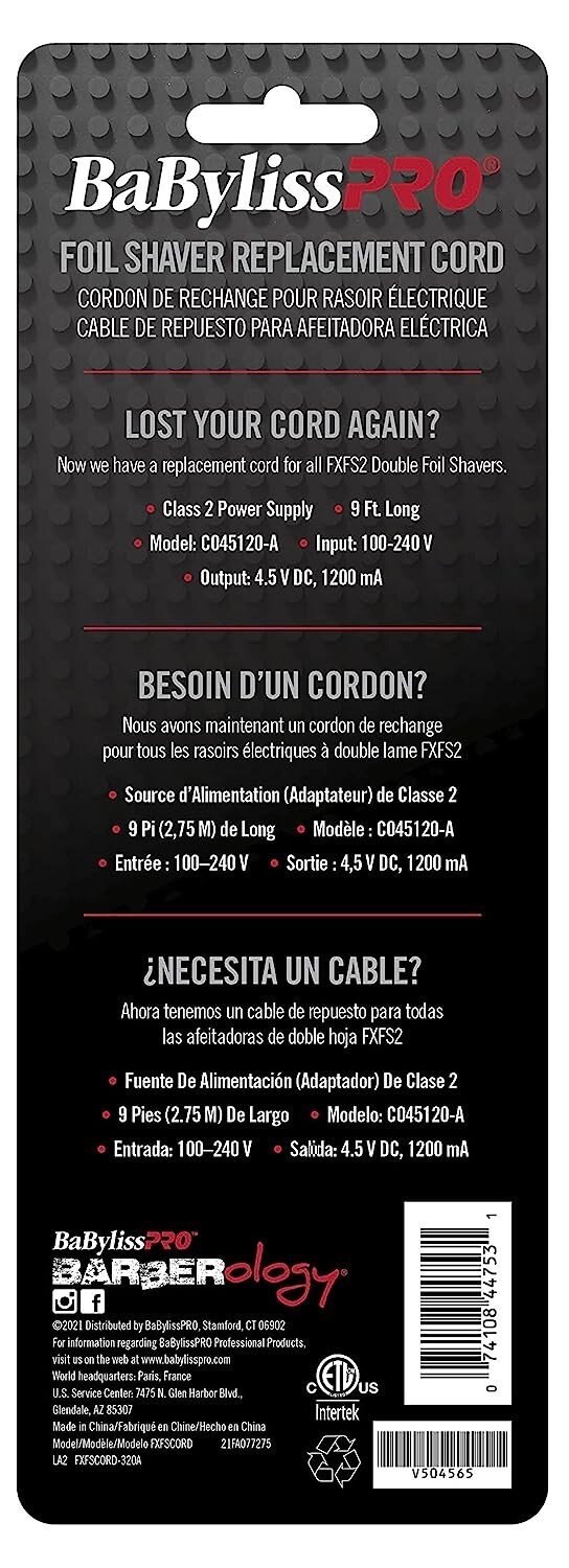 Babyliss Pro Foil Shaver Replacement Power Cord Charger, FXFSCORD NEW