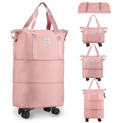 Bolsa De Lona Con Ruedas Para Viajes Rodante Transporte Equipaje Maleta (Rosa)