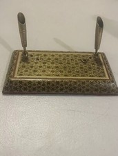Vintage Persian Wooden Inlay Desktop Pen Holder Moroccan Marquetry Office Boho