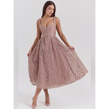 House of CB Lovely French Rose Jacquard Sweetheart Neckline Midi Dress S