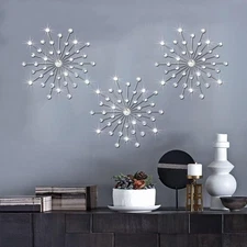 3 Set Silver Metal Jeweled Wall Art Bling Crystal Home Décor Sun Burst Rhines...