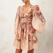 Zimmermann Pavilion Draped Mini Dress Size 3 AU 14 US 10 Linen Peach Floral BNWT