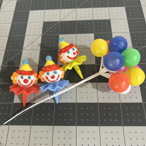 Vtg Clown Heads Cake Toppers W/ Balloon Bundle Lot Clowns Balloons Decoration