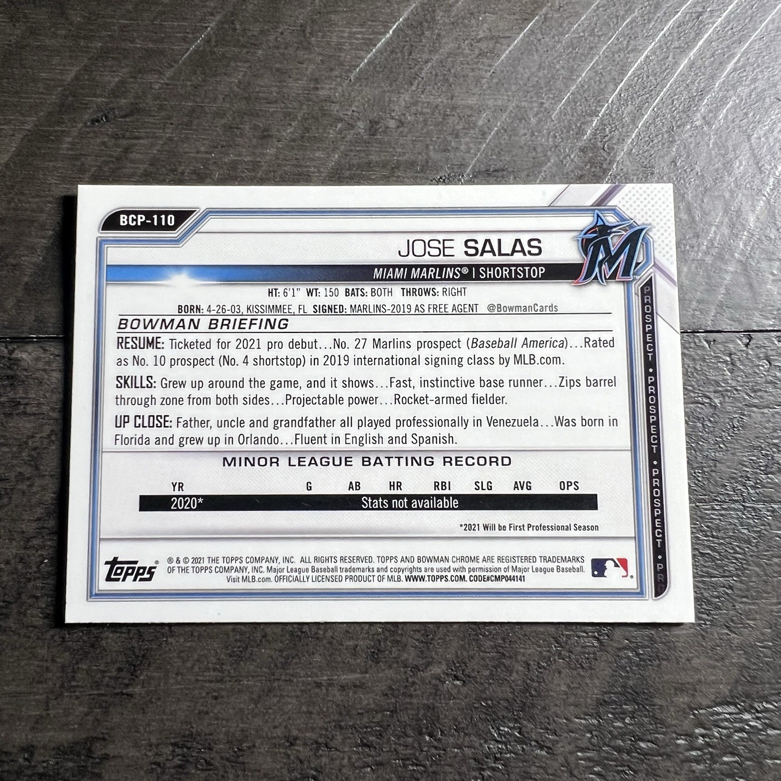 Jose Salas Signed IP Auto 2021 Topps 1st Bowman Chrome Baseball #BCP-110 MLB view 5