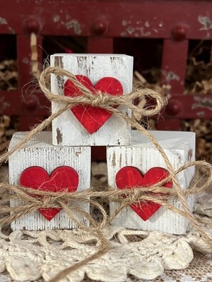 VALENTINES Mini Blocks HEARTS Set of 3 Farmhouse Gift Table Decor Rustic Wood HP
