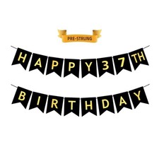 HAPPY 37TH BIRTHDAY Banner, Pre-Strung, Black Gold 37th Birth Party Backdrop ...
