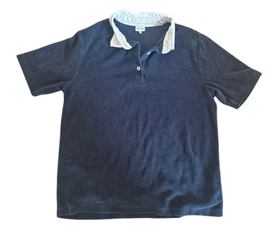 KULE Polo Shirt Size S Terry Cloth Navy Blue White Collar Short Sleeve Retro Sty