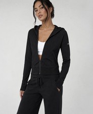 Alo Yoga Black Textured Zip Front Hooded Thumbholes Jacket Women s Large