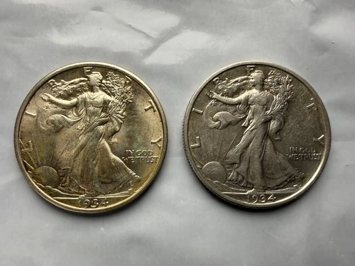 2 50C Walking Liberty Half Dollars AU 1934 EF 1934-S Beautiful Issue Detail Tone