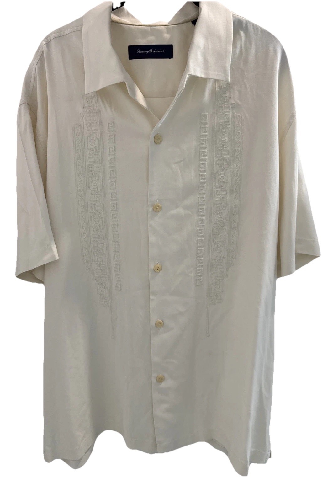 Tommy Bahama Silk Camp Embroidered Shirt XL Cream Guayabera Travel Party Beach