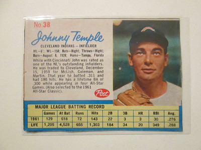 1962 Post Cereal Baseball #38 Johnny Temple Cleveland Indians front coming off