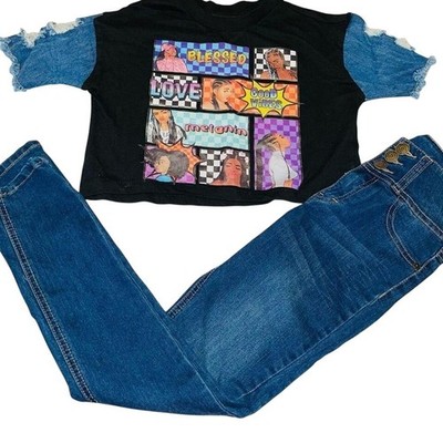 Kids Girls Graphic Tee Denim Sleeve Ripped Distressed Blue Jeans Outfit Set M 10