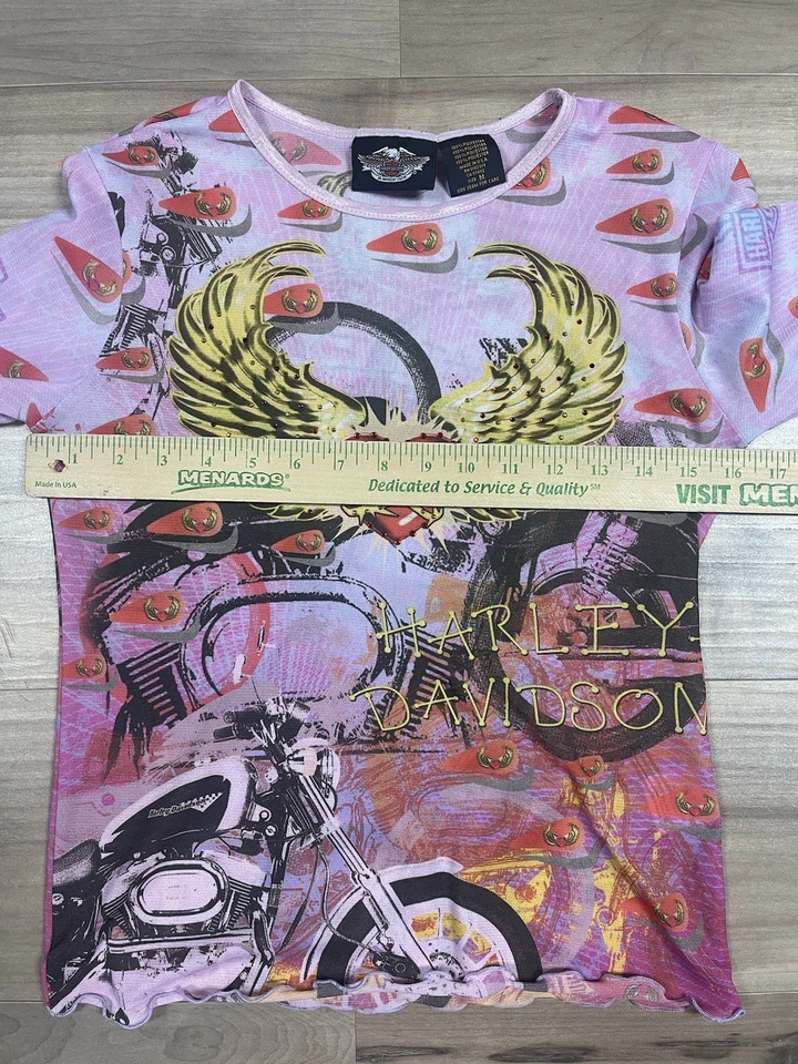 Camisa tatuaje transparente Harley Davidson vintage talla M rosa estrás Y2K camiseta bebé Foto 3 de 4