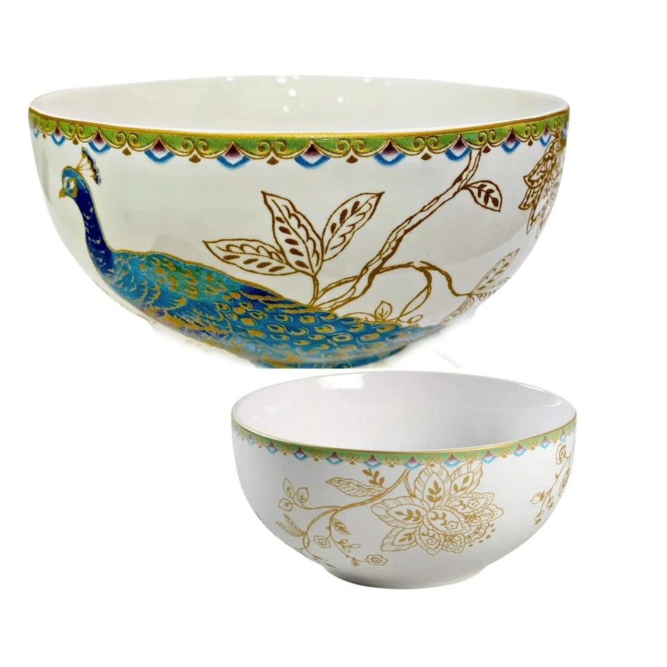Juego de 4 cuencos de sopa de cereal de jardín de pavo real 222 blanco majestuoso verde azulado dorado NUEVO Foto 4 de 4