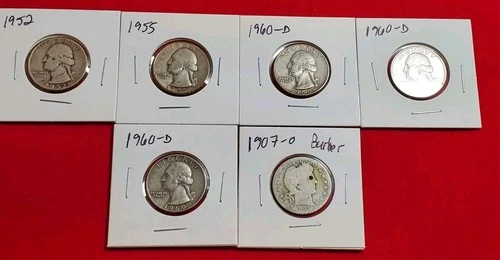 Lot of 6 Silver U.S. Quarters – Washington & Barber (1907-O, 1952–1960-D) – 90%