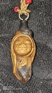 Handmade Wiccan Goddess Gold Face Crystal Amulet Pendant with Beaded Cord