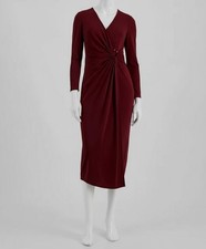 Anne Klein Women's Red Ruched O-Ring V Neck Long Sleeve A-Line Dress Plus Sz 0X