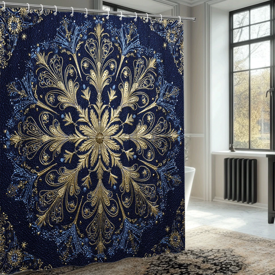 Cortina de ducha diseño mandala azul real y dorado para baño elegante de lujo Foto 4 de 4