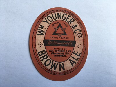 C1930s Wm YOUNGER&Cos BROWN ALE BOTTLED BY Wm SEYMOUR&Co SHERBORNE BOTTLE LABEL