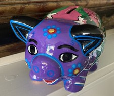 Hand Painted Mexican Folk Art Clay Pig Piggy Bank, Vibrant Colors 7 1/2” Long