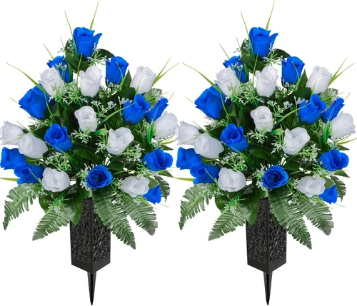 Artificial Cemetery Flowers for Grave,Artificial Rose Memorial Flowers with Vase - Picture 1 of 12