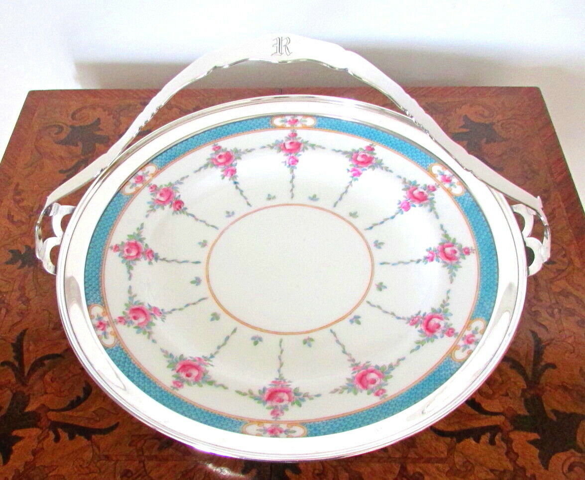 ANTQ LRG 11.25" SHREVE STERLING SILVER BASKET MINTON PERSIAN ROSE PLATE EX-COND