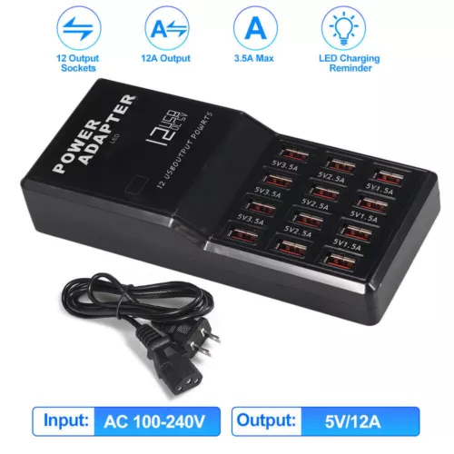 Multi 12 Port USB Charging Station Hub Desktop Wall Cell Phone Charger Organizer