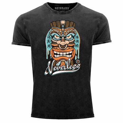 Herren Vintage Shirt Tiki Maske Totem Figur Hawaii Printshirt T-Shirt Aufdruck