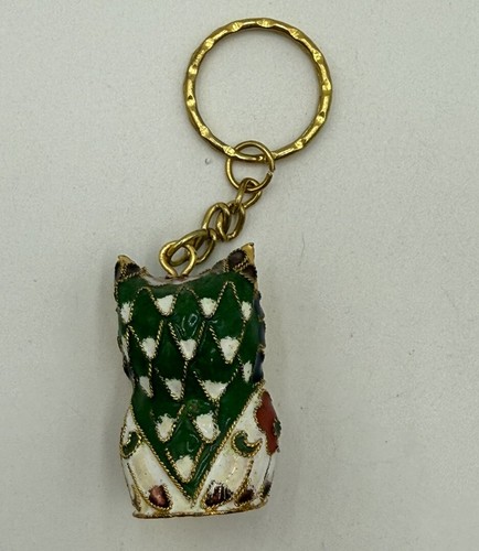 Vintage Cloisonne Owl Figurine Keychain Or Ornament Gold Face Flower Belly - Picture 3 of 4
