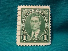 Canada 1c King George VI-Green-Used Single-Light Cancel-Issued 1937-38