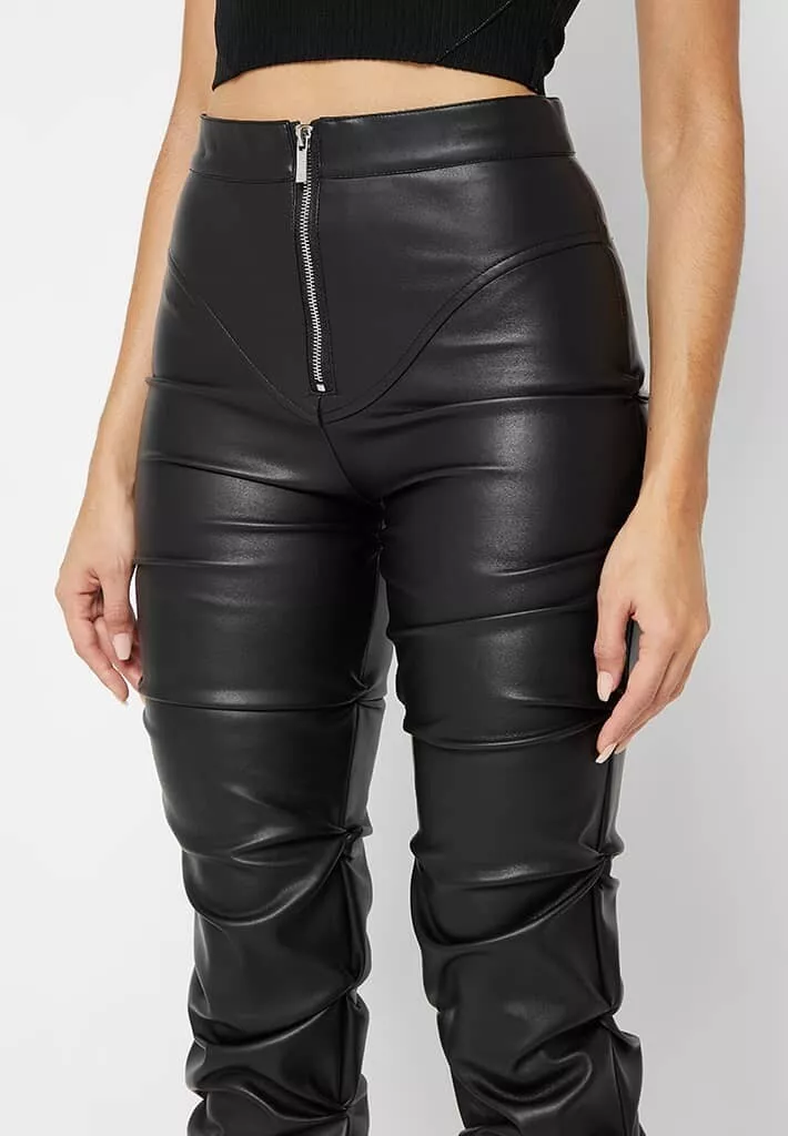 Tacked Vegan Leather Flared Trousers - Black