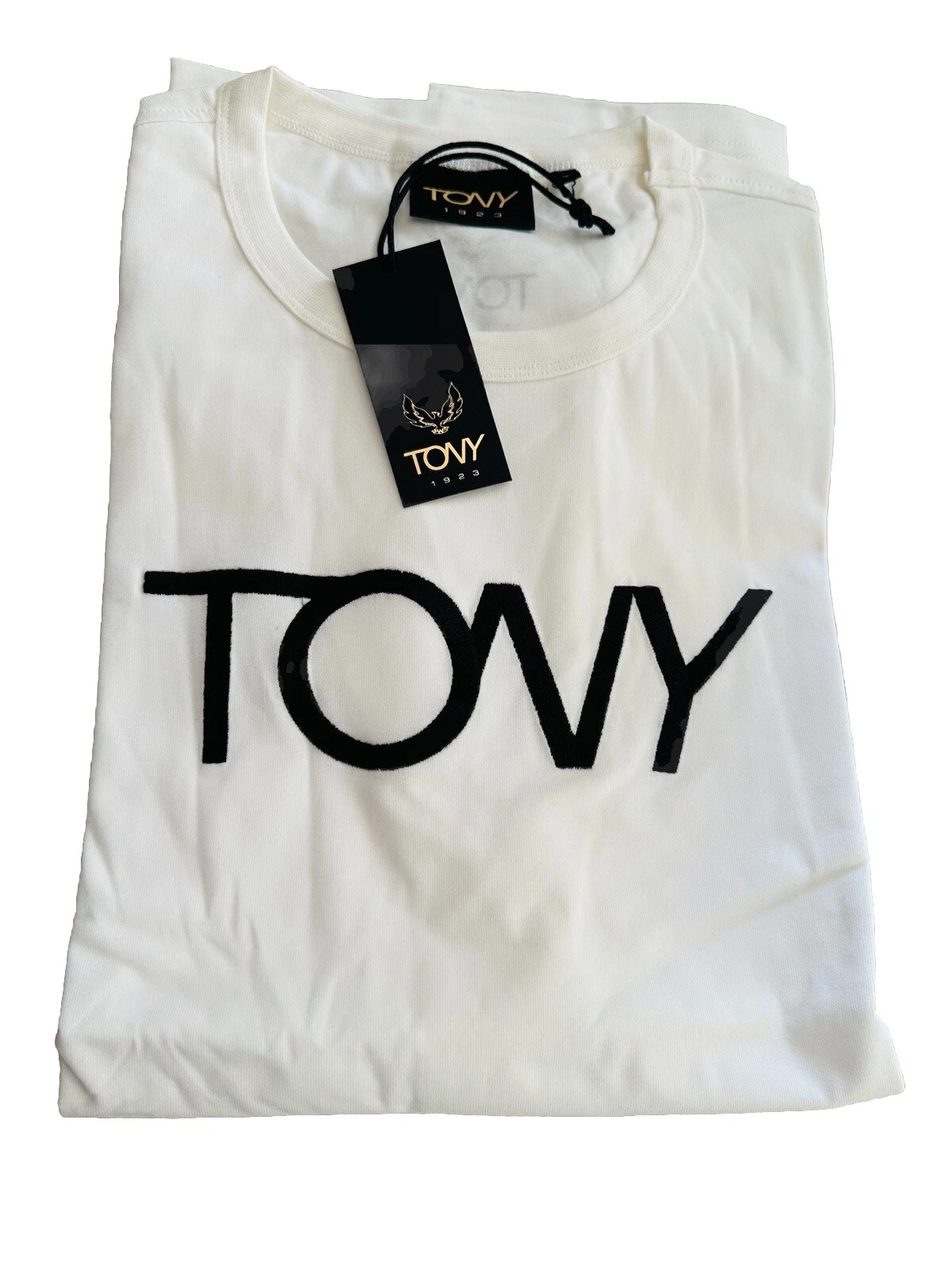 NWT TONY LOGO EMBROIDERED T- SHIRT VANILLA BEIGE COTTON MEN SIZE L SHORT SLEEVE - product detail image 5