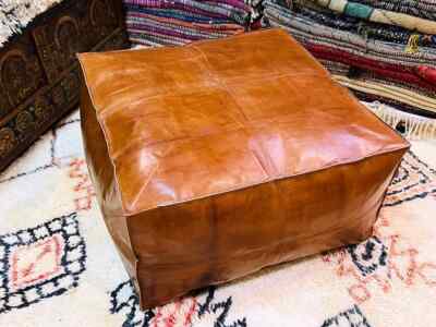 Brown Un-Stuffed Moroccan Ottoman Leather Pouffe Footrest Aamazing Square