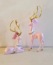 BELLA LUX Pinkmas Christmas Shabby Chic Pink Gold Deer Figurines 18" 13" Set NEW