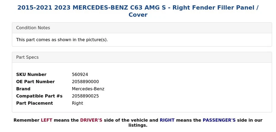 Mercedes-Benz C63 AMG S 2015-2021 2023 - Panel de llenado/cubierta del guardabarros derecho Foto 4 de 4