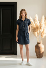 Tresspass Navy Blue Tie Wasted Cotton Shirt Dress Size 14