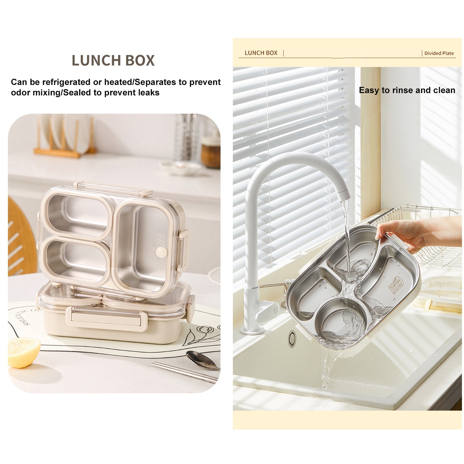Bento Box Lunch Box Stainless Steel Food Container with 3 Compartments is Sealed